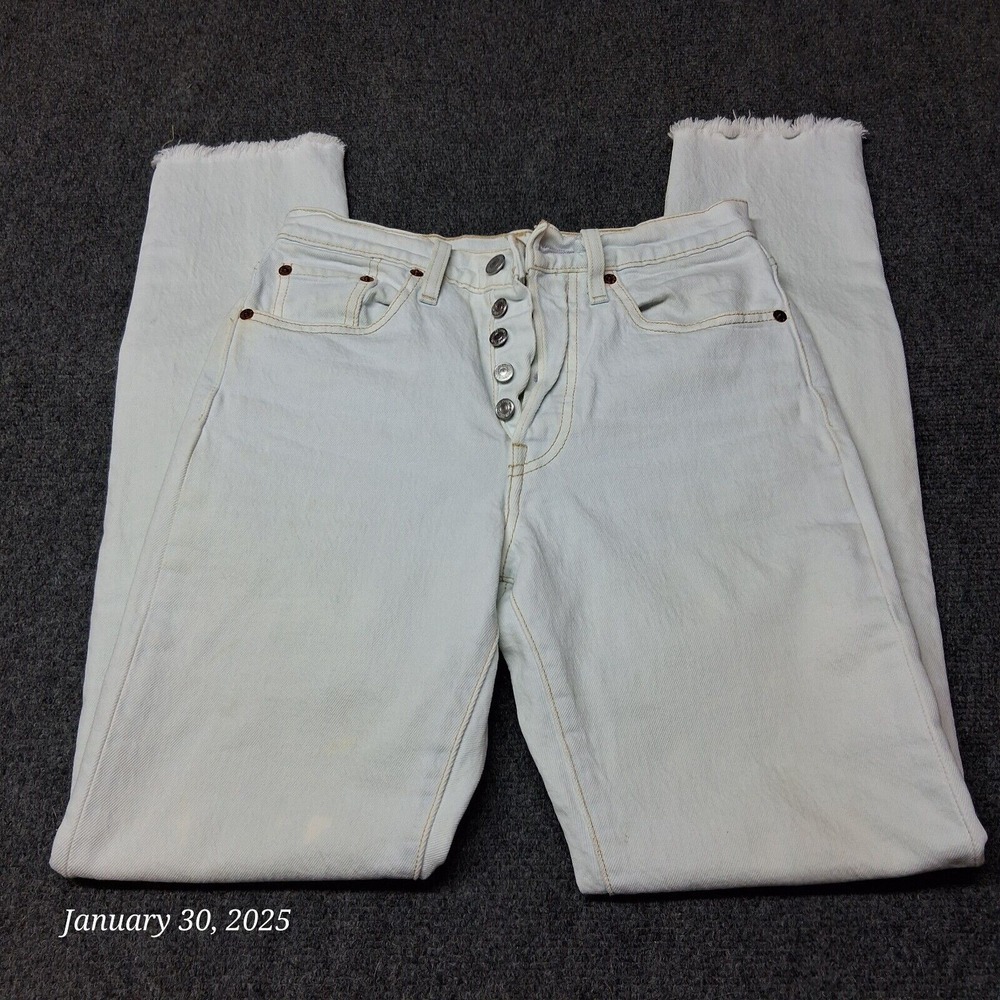 Levi 501  S Jeans Women 24x30 White Straight Leg Button Fly High Rise Fringe Hem